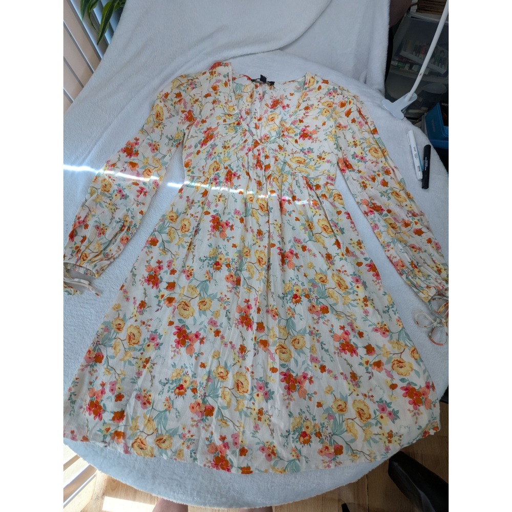 Oak & Trellis Floral Mini Dress Women Size S Gardenia New Long Sleeve V-Neck